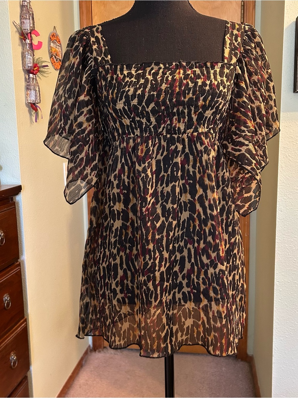 Copper Key leopard print sheer babydoll smocked square neck flutter sleeve S